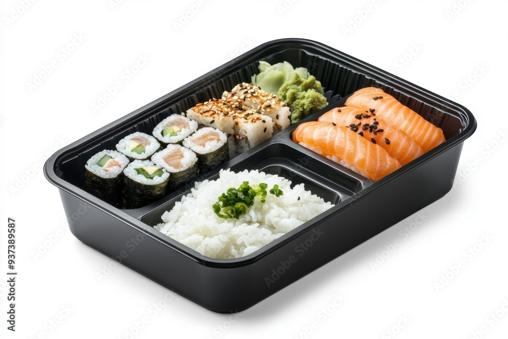  bento box featuring sushi, rice, and soy sauce