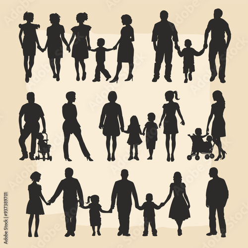 Diverse silhouettes of families and individuals showcase various relationships and life stages against a textured beige background.