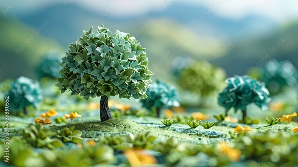 Tranquil Origami Trees in Serene Outdoor Landscape Tranquil Origami Trees in Serene Outdoor Landscape