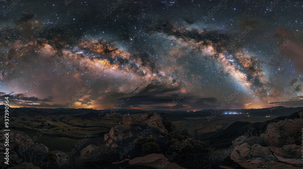 Fototapeta premium Milky Way Arcing Over Rolling Hills and a Rocky Outcrop at Night
