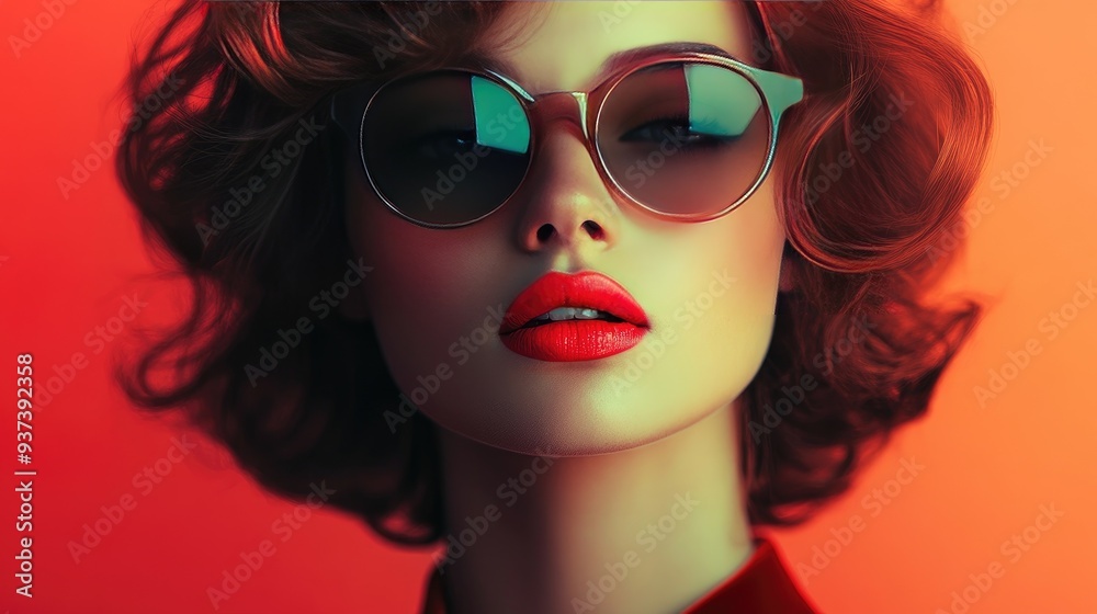 Obraz premium Retro Portrait of Stylish Woman Wearing Sunglasses with Bold Red Lips and Curly Hair