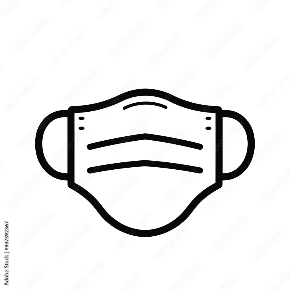 Simple black and white icon of a protective face mask with ear loops, representing health safety and pandemic precautions Simple black and white icon of a protective face mask with ear loops, representing health safety and pandemic precautions