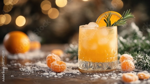 Festive Citrus Cocktail with Oranges and Rosemary Garnish Amid Snow Decor and Sparkling Lights photo