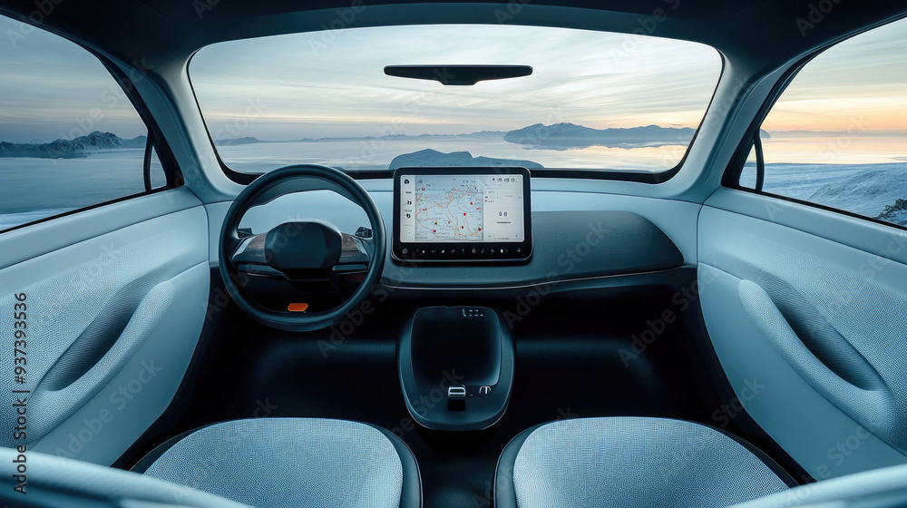 Futuristic Self-Driving Car Interior with Ocean View Through Windshield Futuristic Self-Driving Car Interior with Ocean View Through Windshield