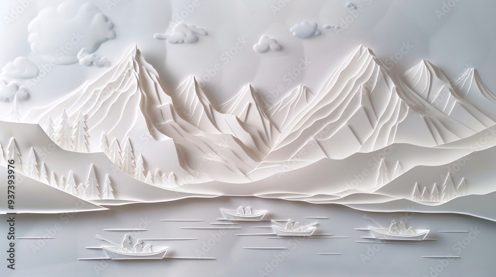 Crafted Paper Trophy with Mountain Lake Scene and Rowing Boats | DIY Artwork Award Concept Crafted Paper Trophy with Mountain Lake Scene and Rowing Boats | DIY Artwork Award Concept