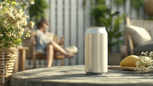 A can of soda sits on a table next to a vase of flowers. The scene is set in a backyard, with a person sitting in a chair nearby. Scene is relaxed and leisurely