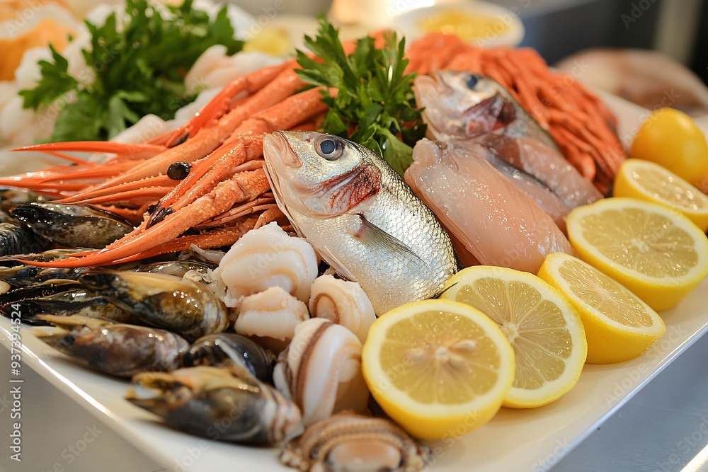 Traditional Italian seafood platter featuring a variety of fresh fish, shellfish, and lemon slices Traditional Italian seafood platter featuring a variety of fresh fish, shellfish, and lemon slices