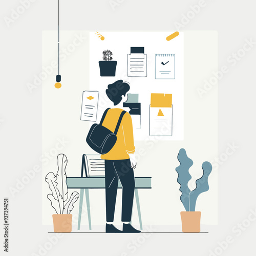 Illustration of a person planning while examining a bulletin board in a creative workspace.