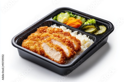 bento box featuring crispy chicken katsu, rice, and pickled vegetables