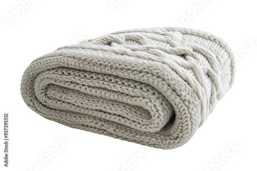 Folded knitted sweaters isolated on white background. Cozy fall folded sweater stacked up with white background. Studio textile photography for design and print. Woolen knitted sweater design. AIG57.