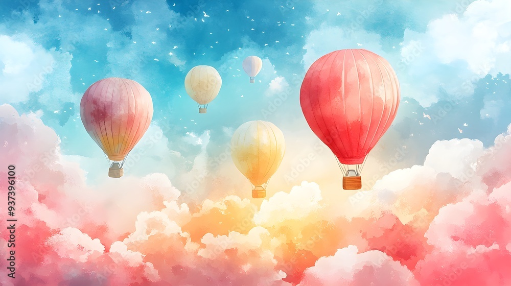 Fototapeta premium Bright and cheerful hot air balloon festival in the sky, painted in soft watercolors, ideal for a child's room, filled with vibrant colors and dreamy vibes