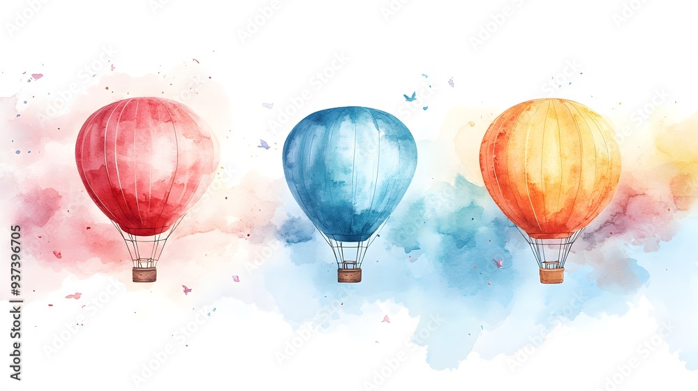 Obraz premium Bright and cheerful hot air balloon festival in the sky, painted in soft watercolors, ideal for a child's room, filled with vibrant colors and dreamy vibes