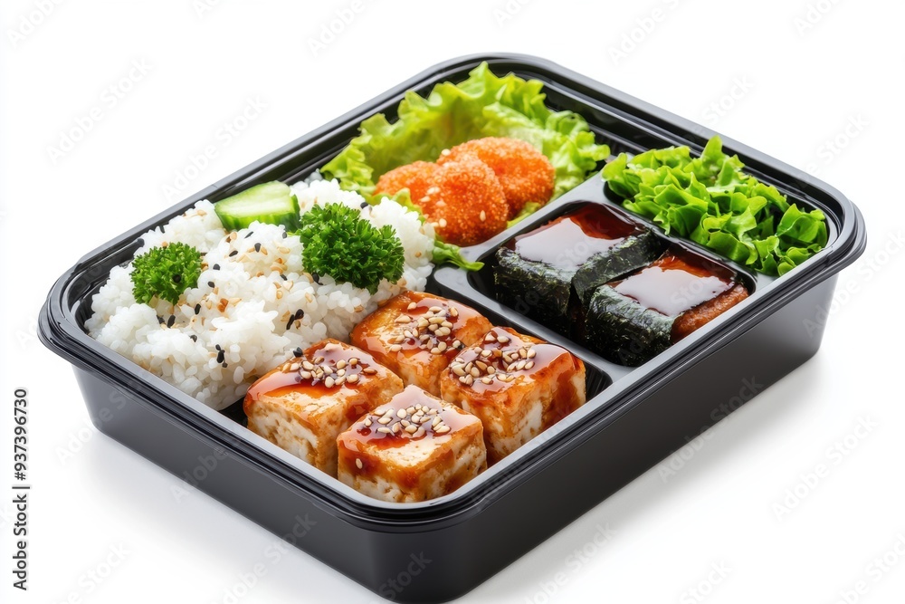 bento box featuring tofu teriyaki, rice, and vegetables bento box featuring tofu teriyaki, rice, and vegetables