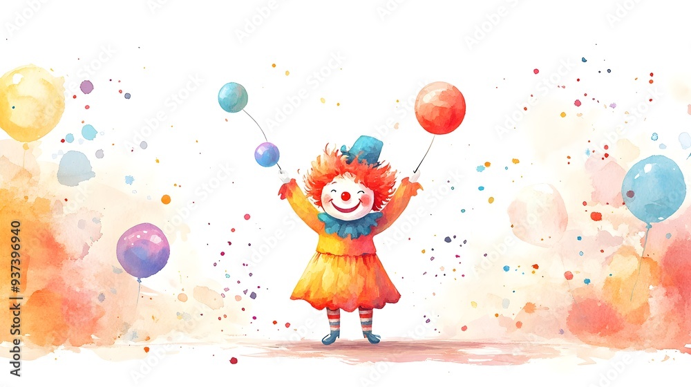 Naklejka premium A colorful circus scene with a happy clown juggling, painted in pastel watercolors, creating a joyful ambiance for a child's room