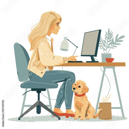 Illustrated woman working from home with her golden retriever puppy, showcasing modern remote work lifestyle and pet companionship.