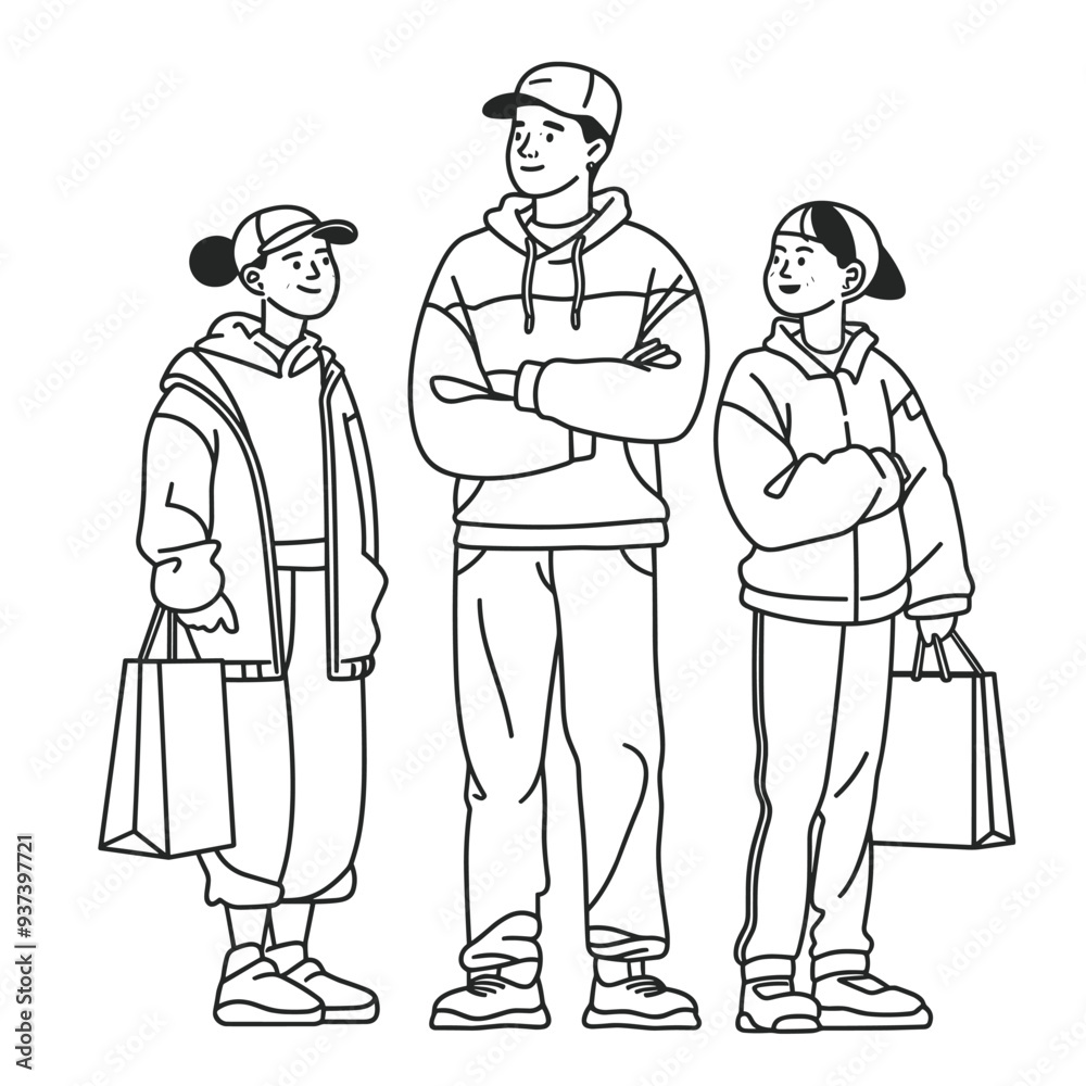 Hand-drawn illustration of three casual figures standing together, depicting youth, fashion, and urban lifestyle. Hand-drawn illustration of three casual figures standing together, depicting youth, fashion, and urban lifestyle.