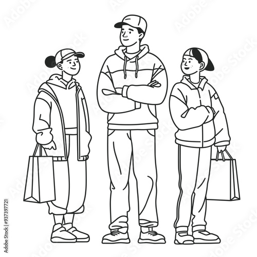 Hand-drawn illustration of three casual figures standing together, depicting youth, fashion, and urban lifestyle.