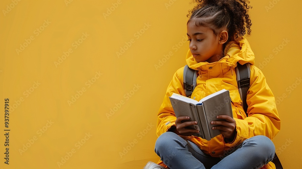 A young girl with curly hair sits against a bright yellow wall, wearing a yellow jacket and gray pants. She is focused on reading a book, with a backpack beside her. A young girl with curly hair sits against a bright yellow wall, wearing a yellow jacket and gray pants. She is focused on reading a book, with a backpack beside her.