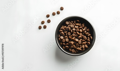 Dry dog food in a bowl on a white background. 