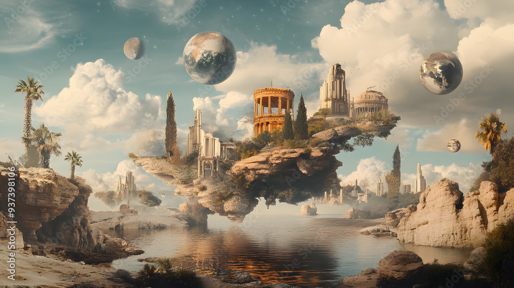 Naklejka premium Alien city skyline at sunset with UFOs and futuristic buildings silhouetted against the sky