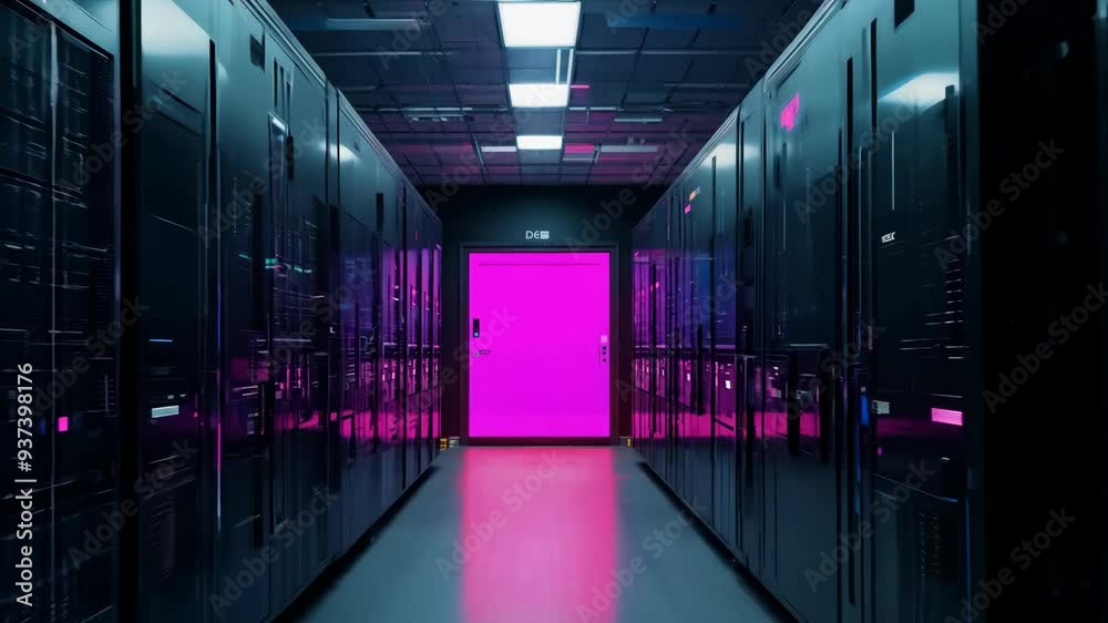 Exploring a modern server room with a striking pink door in the heart of the data center at night Exploring a modern server room with a striking pink door in the heart of the data center at night
