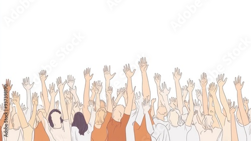 Vector Illustration of a Crowd Cheering with Hands Up, One Line Art on White Background