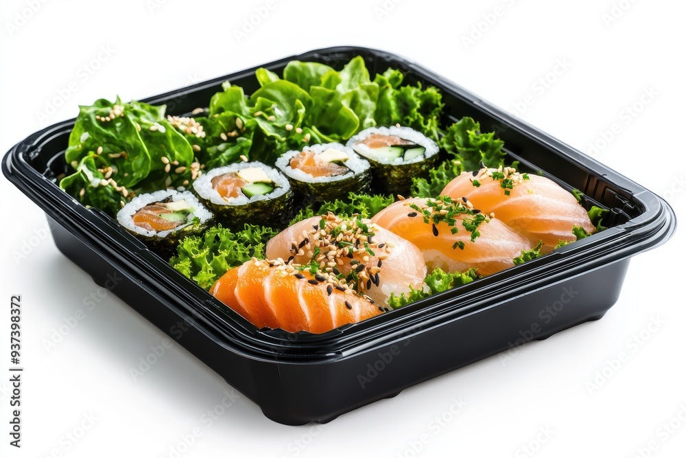 bento box featuring sushi, sashimi, and seaweed salad bento box featuring sushi, sashimi, and seaweed salad