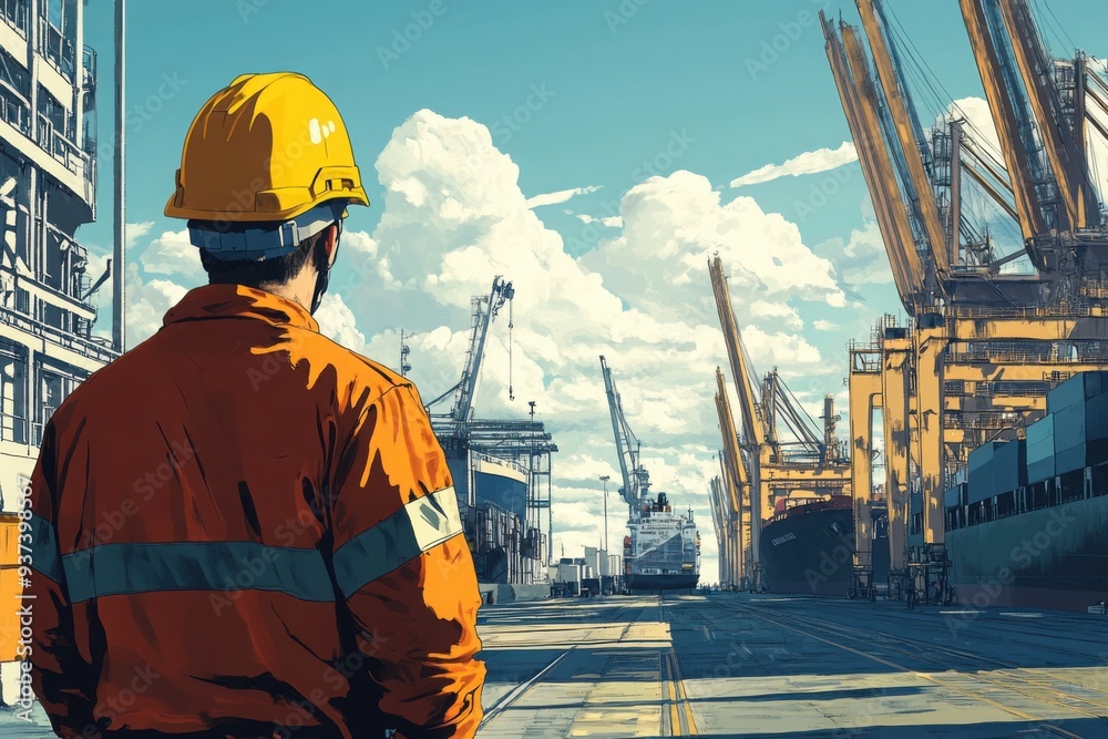 Worker in hard hat overseeing shipyard operations Worker in hard hat overseeing shipyard operations