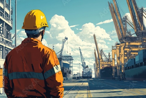 Worker in hard hat overseeing shipyard operations