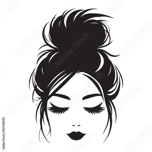 Messy hair bun, vector woman silhouette. Beautiful girl drawing illustration