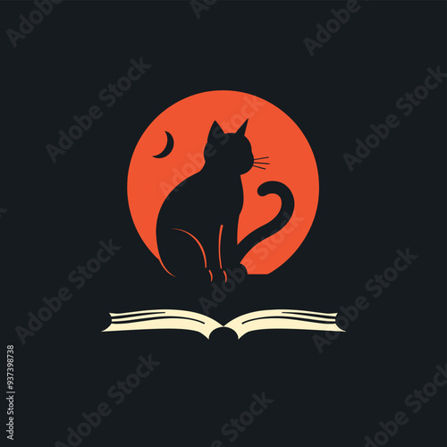 Silhouette of a cat against a red moon, perched atop an open book, creating a mystical and literary atmosphere.