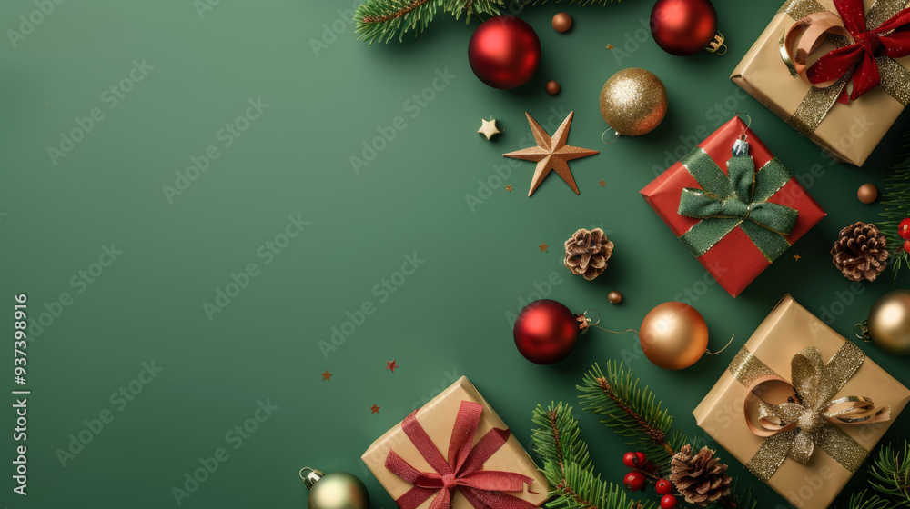 A green background with a bunch of Christmas decorations including a star, pine cones, and red and gold boxes A green background with a bunch of Christmas decorations including a star, pine cones, and red and gold boxes