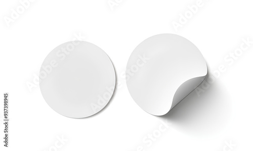 Blank white round adhesive stickers mock up with curved corner, 3d rendering. Empty circle sticky label mockup with curl. Clear adherent tag template for glass door or wall.