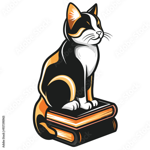 Stylized calico cat illustration sitting atop stack of books, blending feline grace with scholarly symbolism in bold colors.