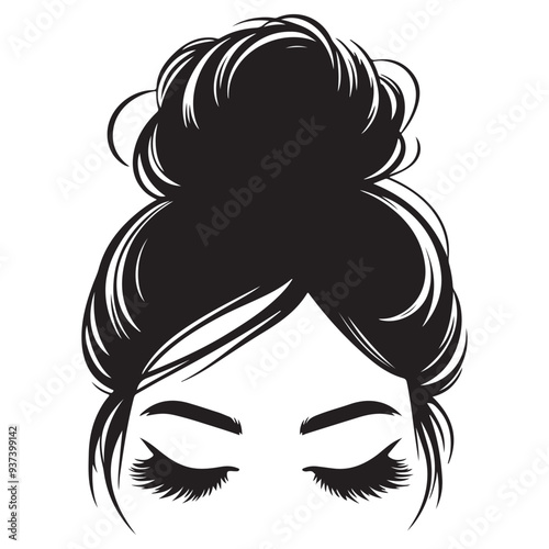 Messy hair bun, vector woman silhouette. Beautiful girl drawing illustration