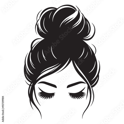 Messy hair bun, vector woman silhouette. Beautiful girl drawing illustration