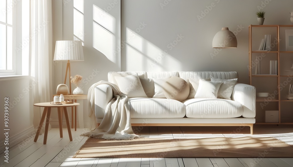 Bright minimalist living room with a cozy white textured sofa and pillows, wooden side table, natural sunlight Bright minimalist living room with a cozy white textured sofa and pillows, wooden side table, natural sunlight