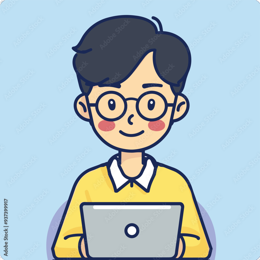 Smiling cartoon boy with glasses using laptop, depicting youthful enthusiasm for technology and learning Smiling cartoon boy with glasses using laptop, depicting youthful enthusiasm for technology and learning