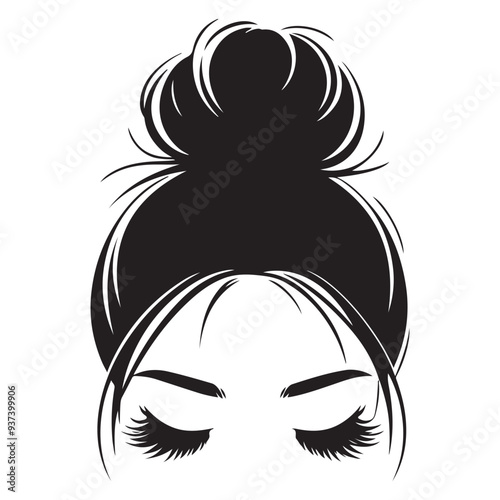 Messy hair bun, vector woman silhouette. Beautiful girl drawing illustration