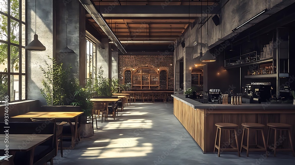 Industrial Chic Bar Interior Design with Brick Walls and Wooden Bar Counter - 3D Illustration Industrial Chic Bar Interior Design with Brick Walls and Wooden Bar Counter - 3D Illustration