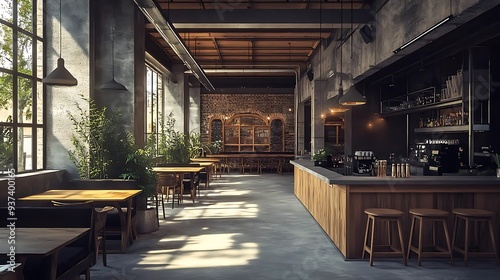 Industrial Chic Bar Interior Design with Brick Walls and Wooden Bar Counter - 3D Illustration