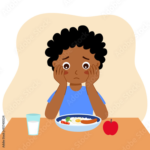 Boy child feel not hungry concept vector illustration on white background. Kids unable to eat. No appetite.