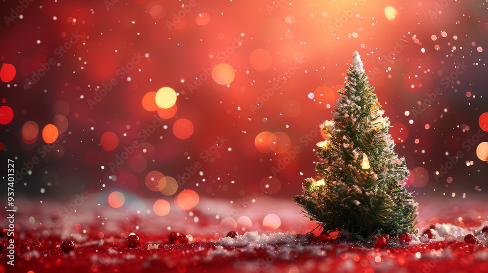 A small Christmas tree is surrounded by red snow and red and white decorations. The scene is set against a red background, creating a festive and joyful atmosphere A small Christmas tree is surrounded by red snow and red and white decorations. The scene is set against a red background, creating a festive and joyful atmosphere