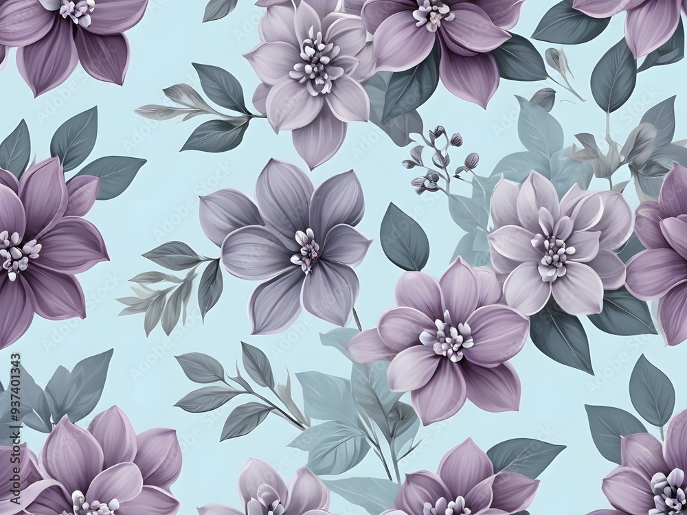 Pattern of pastel light purple flowers and silver gray leaves on a light blue background. Create a calm and romantic atmosphere. Suitable for decorating various designs.