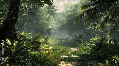 A serene jungle path illuminated by soft sunlight, surrounded by lush greenery and vibrant foliage.