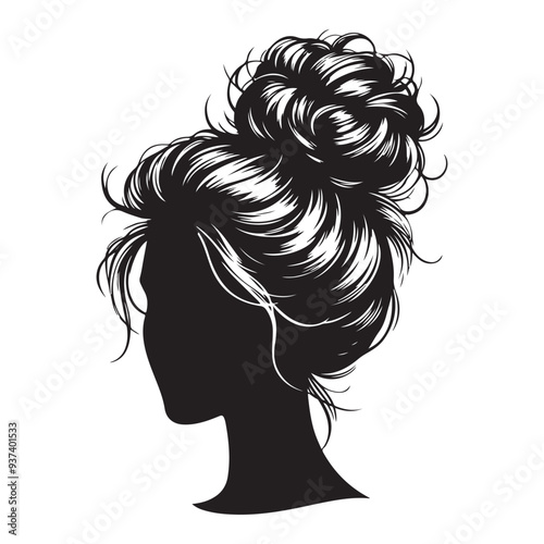 Messy hair bun, vector woman silhouette. Beautiful girl drawing illustration
