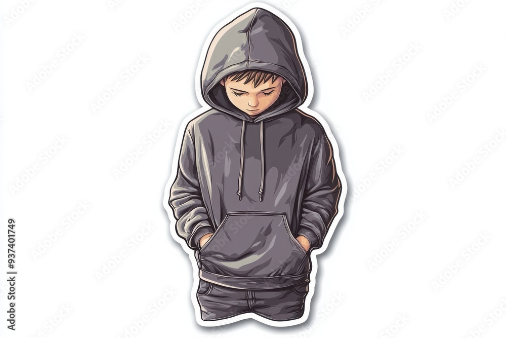 Illustration of Boy in Dark Hoodie Looking Down Illustration of Boy in Dark Hoodie Looking Down