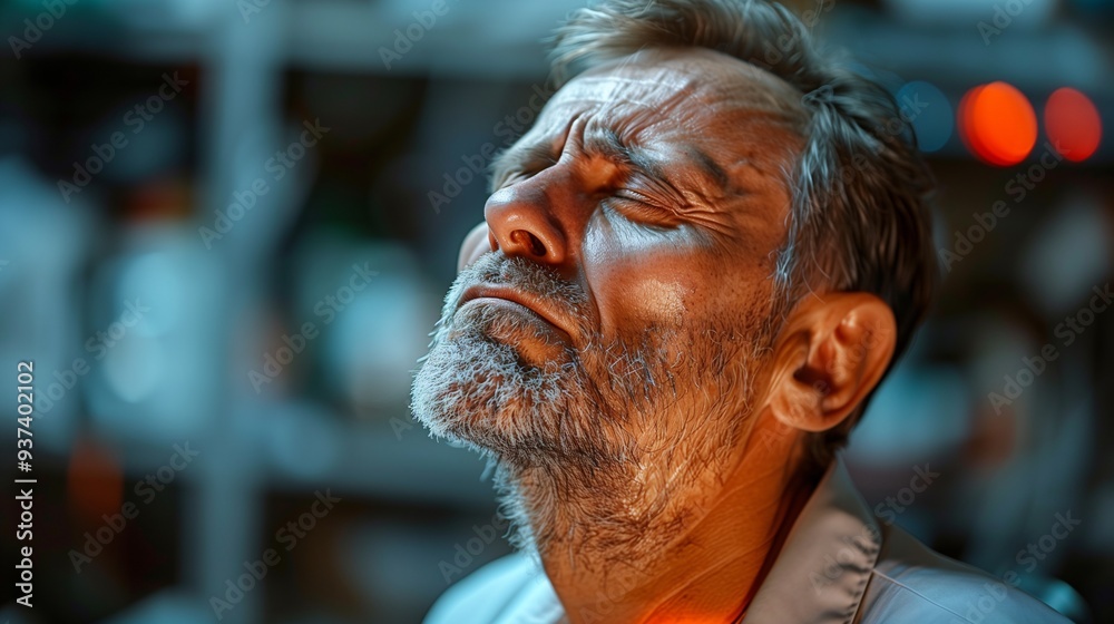 Fototapeta premium A middle-aged man with a beard, eyes closed, expressing deep emotion or contemplation. The background is blurred with soft lighting, creating a dramatic atmosphere.