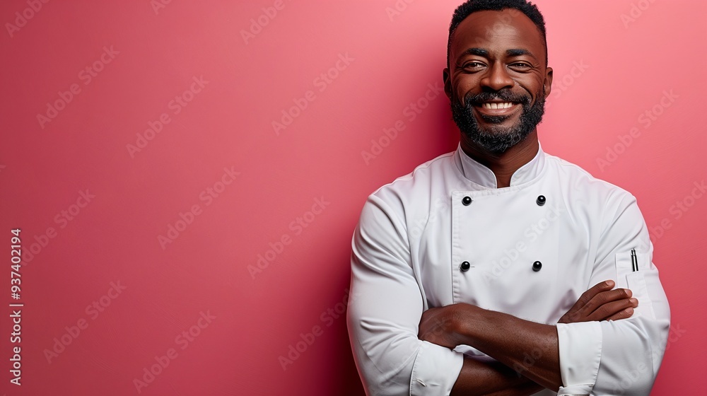 A smiling male chef in a white uniform with crossed arms, standing against a pink background. He has a well-groomed beard and a confident expression. A smiling male chef in a white uniform with crossed arms, standing against a pink background. He has a well-groomed beard and a confident expression.