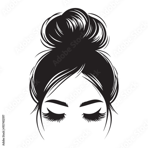 Messy hair bun, vector woman silhouette. Beautiful girl drawing illustration